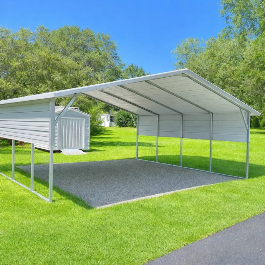 Lush yard with metal carport