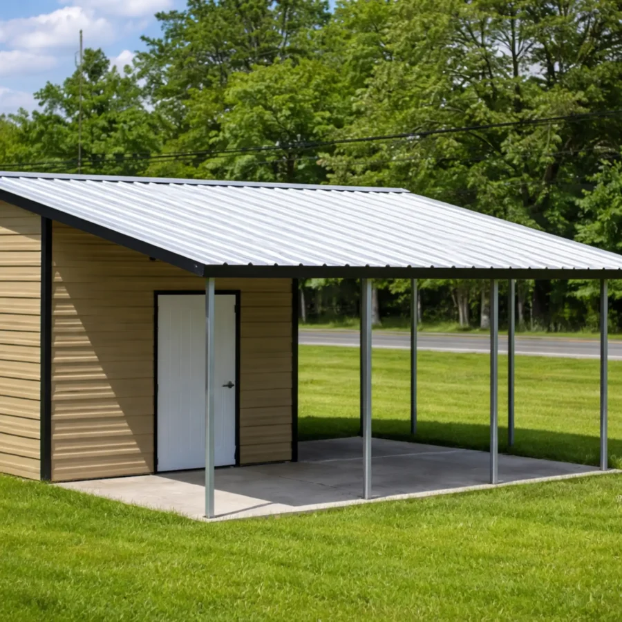 Tan storage shed with carport